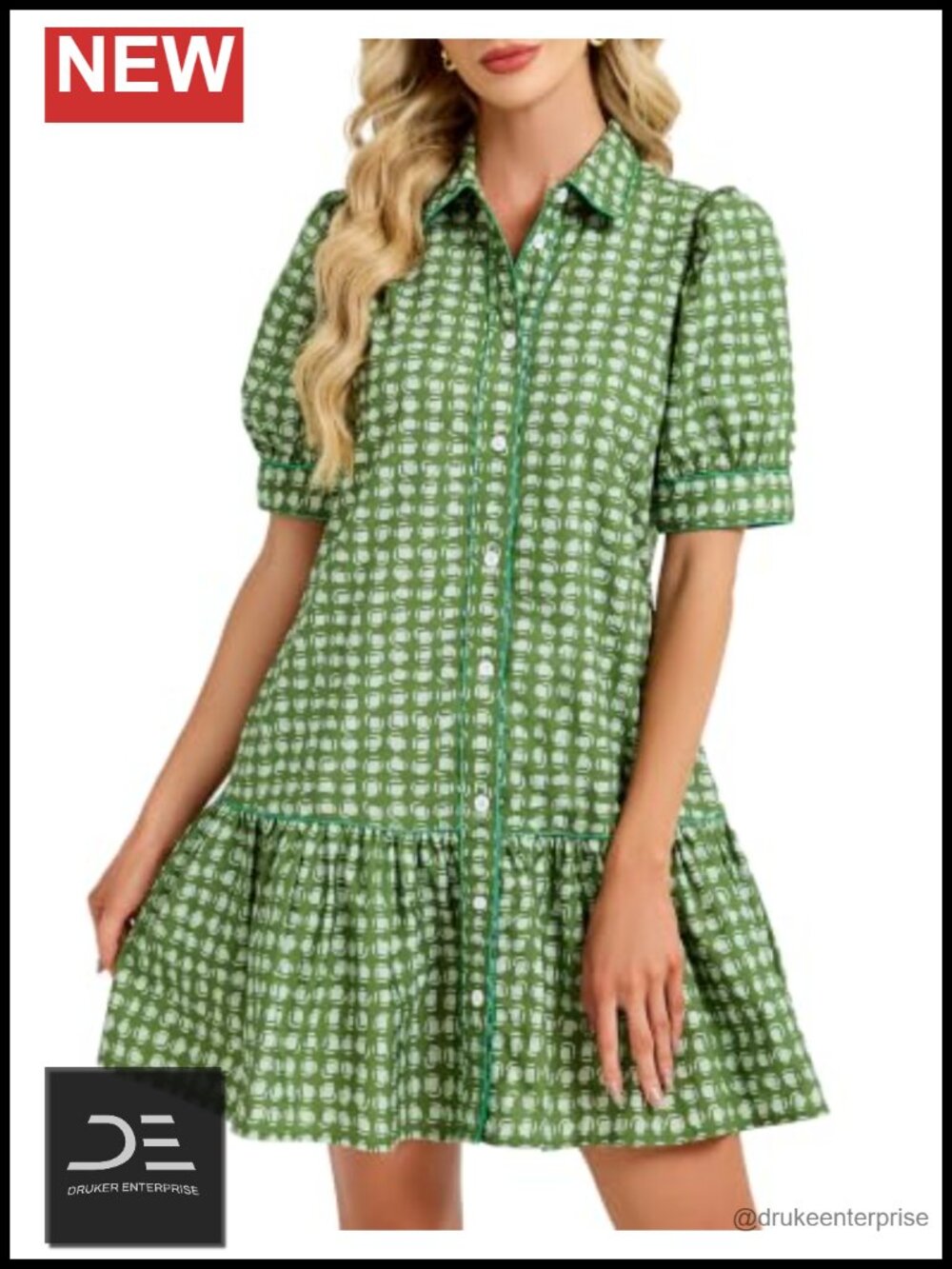 Gingham Babydoll Dress Puff Sleeve Button Down Casual Mini